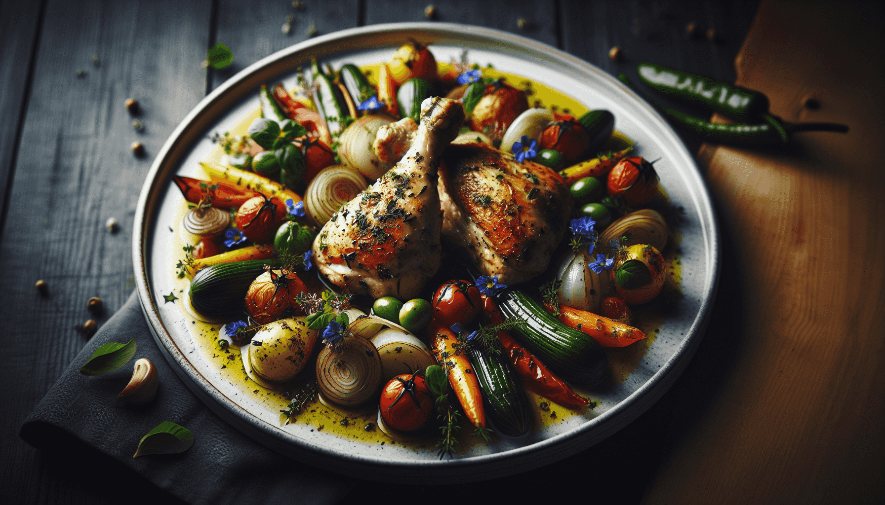 Piatto di pollo all'italiana con erbe e verdure