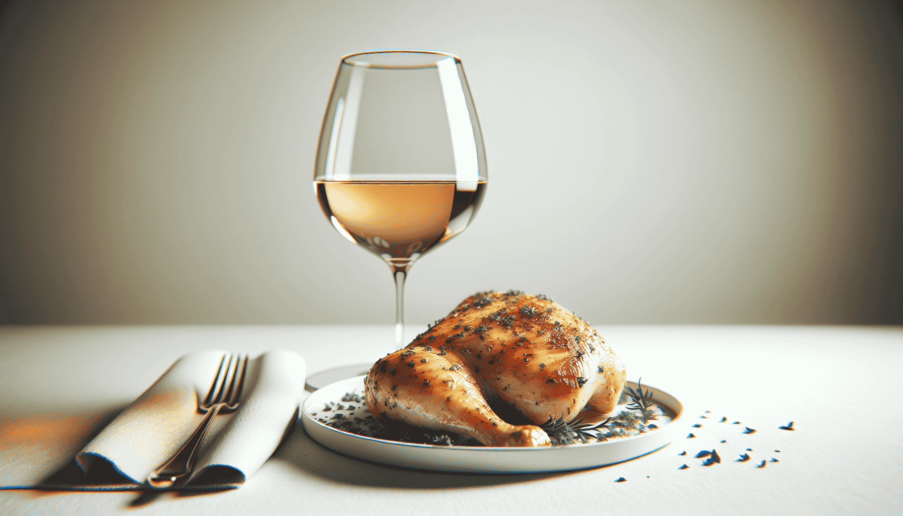 Bicchiere di vino italiano accanto a un piatto di pollo